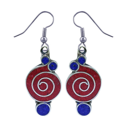 Gorgeous Handmade Compressed Red Coral & Lapis Lazuli Gemstone Inlay Drop Dangle
