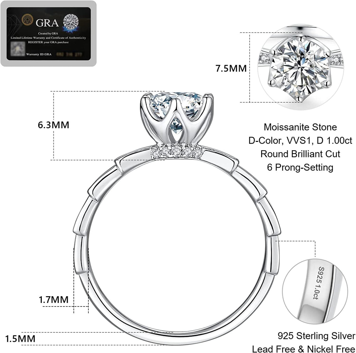 Engagement Rings, Wedding Band with Moissanite Diamond, 1 Carat VVS1 Solitaire C