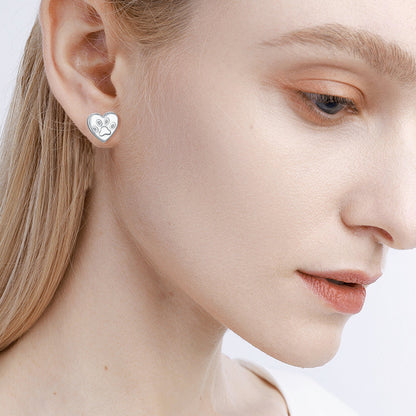 Paw Earrings Stud with Diamonds in White Gold Plated Sterling Silver