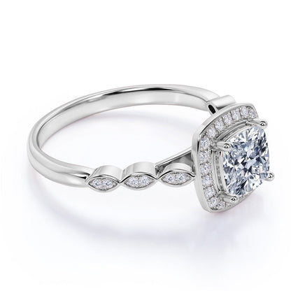 1.25 Carat Cushion Cut Moissanite and Diamond Vintage Engagement Ring in 10K Whi
