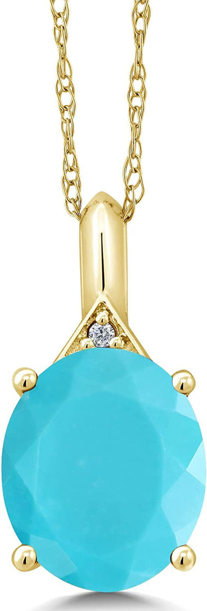 10K Yellow Gold Green Turquoise and White Diamond Pendant Necklace for Women (3.