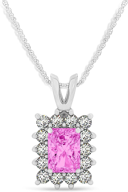 (2.80Ct) Emerald Shape Pink Sapphire and Diamond Pendant Necklace 14K White Gold