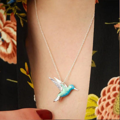 Fashion Hummingbird Pendant Necklace Cute Blue Enamel Bird Pendant Bridal Weddin