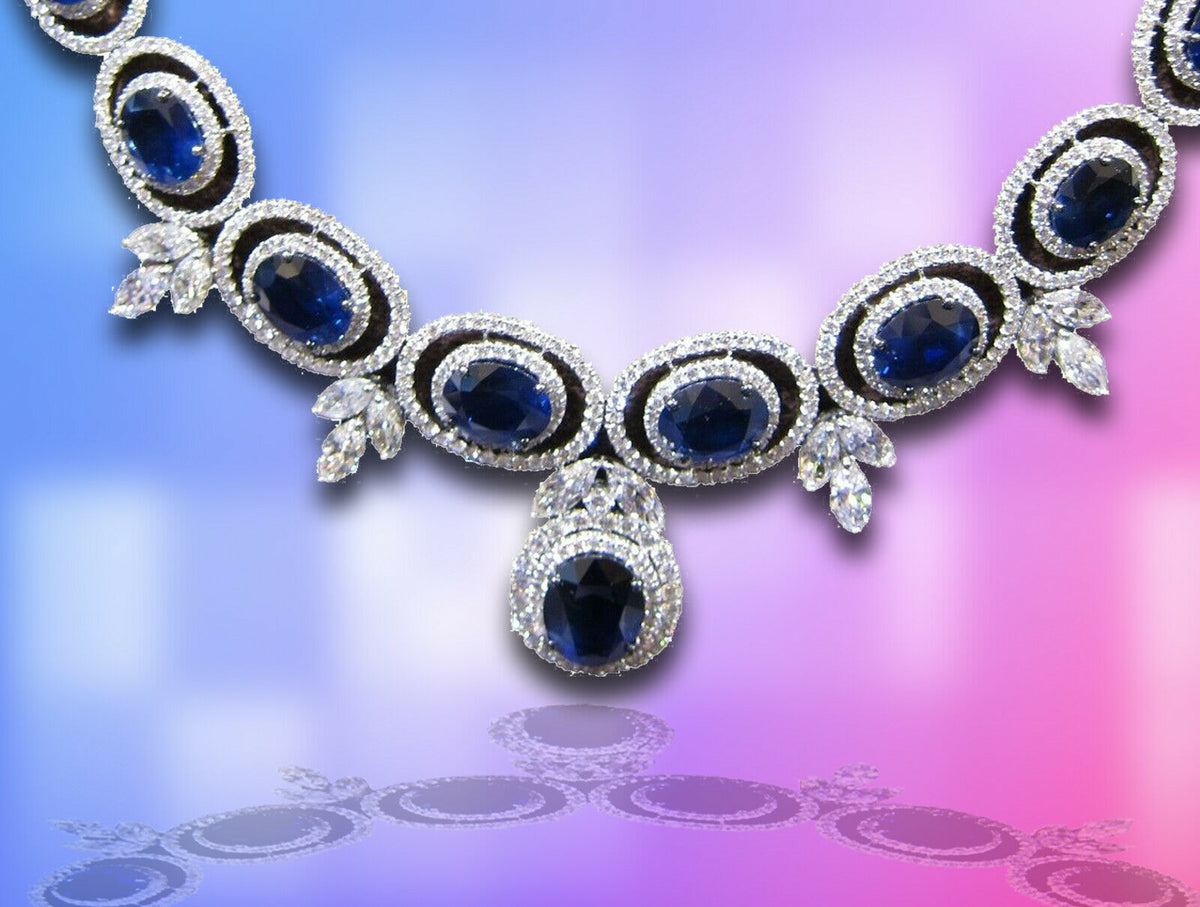 SAPPHIRE OVAL SHAPE ALL GEMSTONE NECKLACE DIAMOND ROUND MARQUISE SET NECKLACE