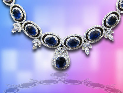 SAPPHIRE OVAL SHAPE ALL GEMSTONE NECKLACE DIAMOND ROUND MARQUISE SET NECKLACE