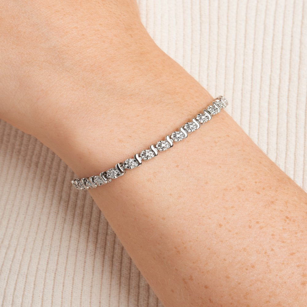 Rhodium Plated Diamond Accent Open Heart Charm Tennis Bracelet, 7.25"