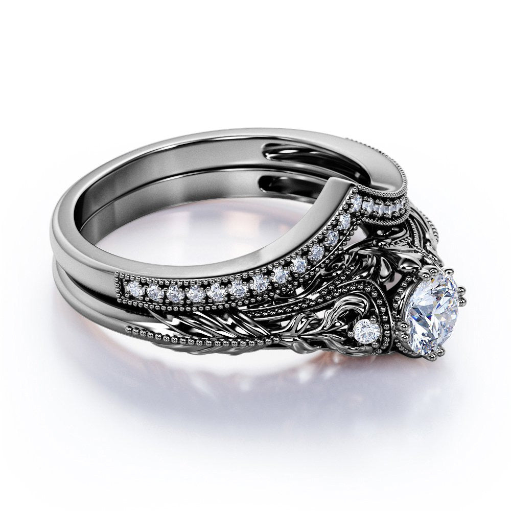 Engraved .68 Carat round Cut Real Diamond Victorian-Inspired Wedding Ring Set wi
