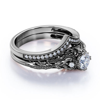 Engraved .68 Carat round Cut Real Diamond Victorian-Inspired Wedding Ring Set wi