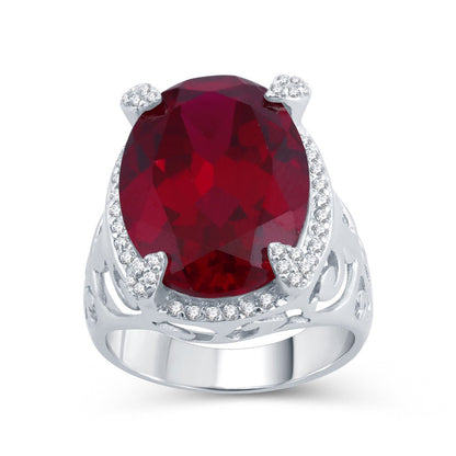 Sterling Silver with Large Oval Ruby and Natural White Topaz Halo Cocktail Ring