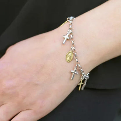 14K Gold and Sterling Silver Multi Religious Charm Bracelet, 7.5"