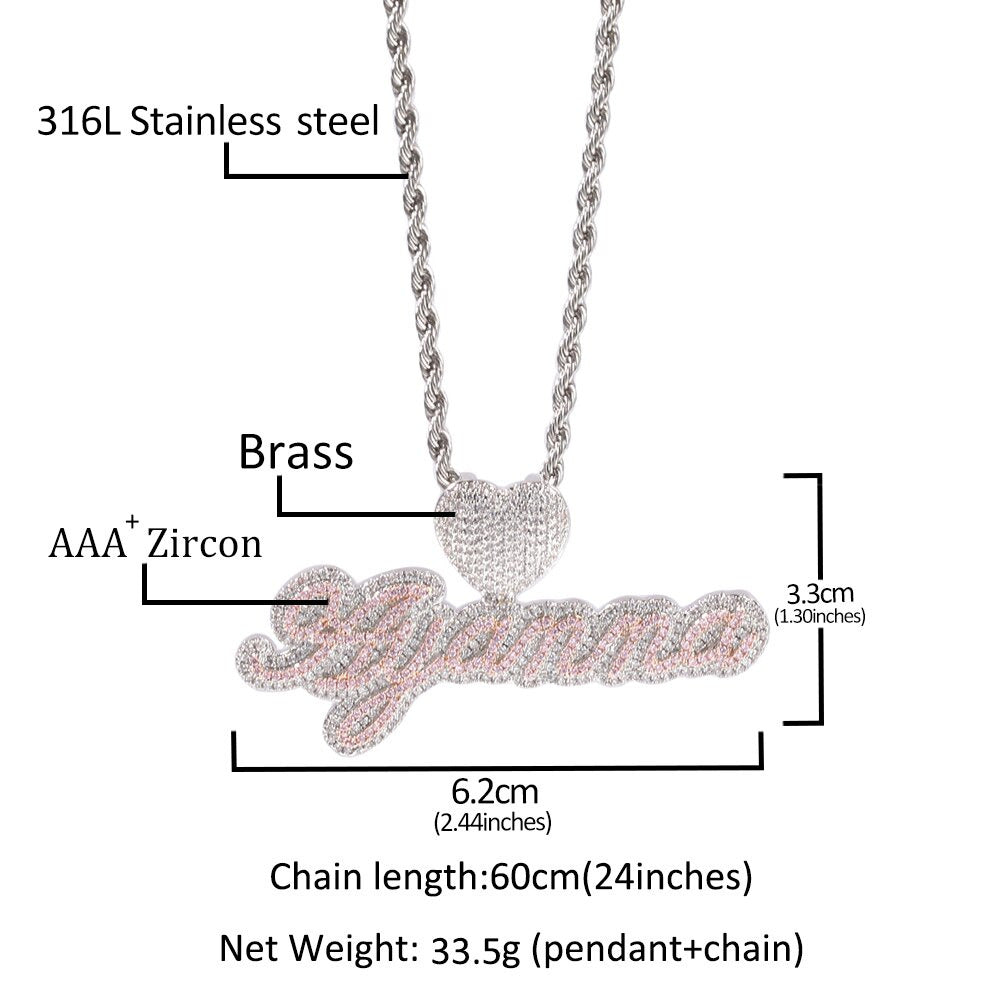 Custom Name Necklace Bubble Letter Heart Buckle Iced Out White Pink CZ Pendant