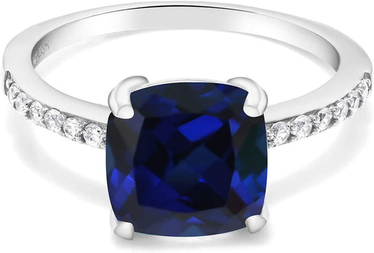 925 Sterling Silver Blue Created Sapphire Women Engagement Ring (2.62 Ct Cushion