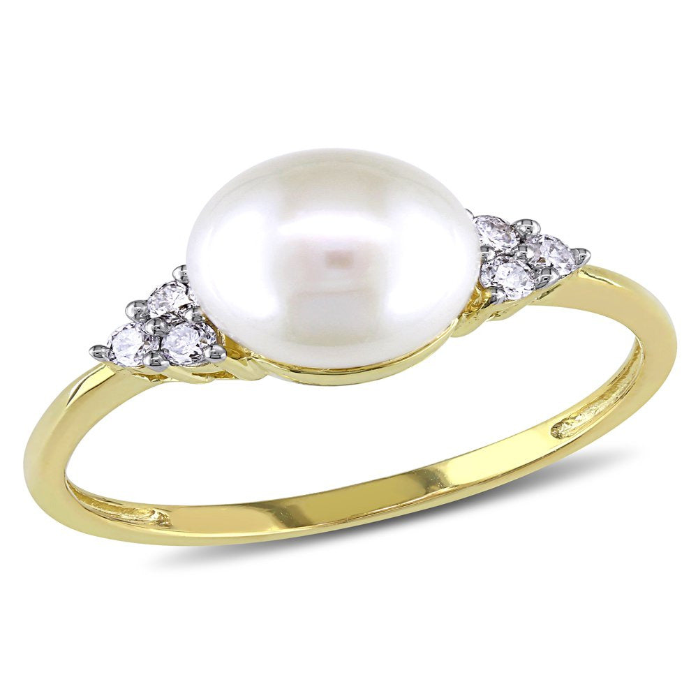 Miabella 7.5-8Mm Freshwater Cultured Pearl and 1/8 Carat T.W. Diamond 10K Yellow