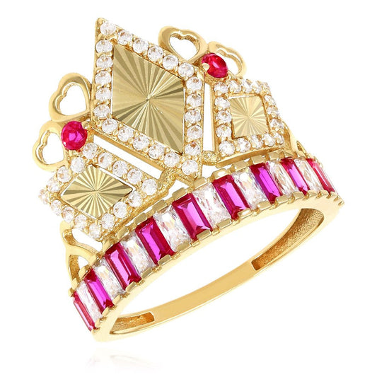 14K Yellow Gold 1.25CTW Simulated Diamond Ruby Royal Crown Rhombus Cocktail Ring