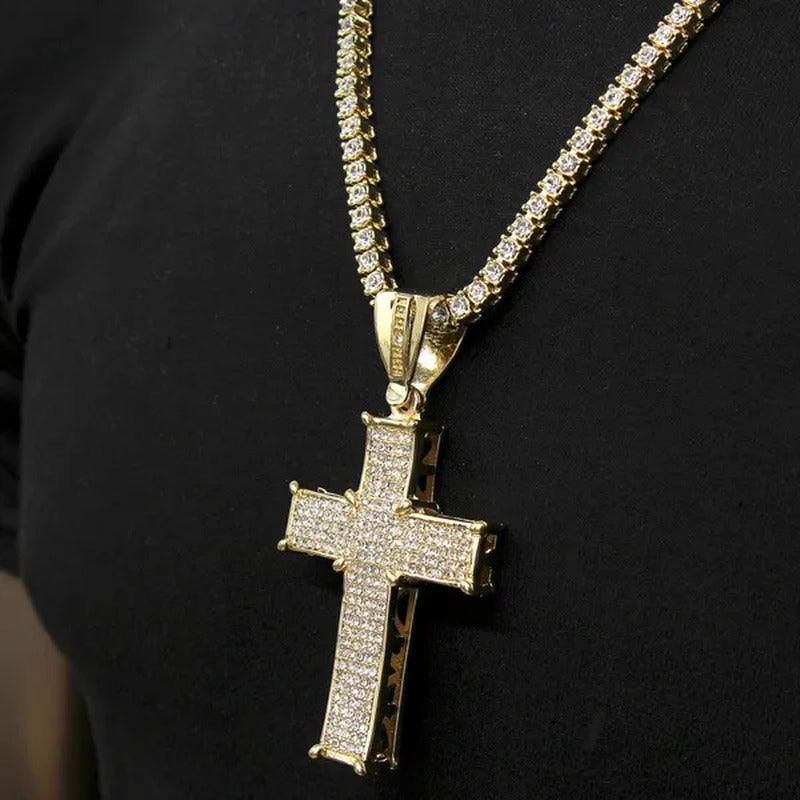Mens 14K Gold Plated Hip-Hop Center Claw Cross Pendant W/ 24" 1 Row Lab Diamond