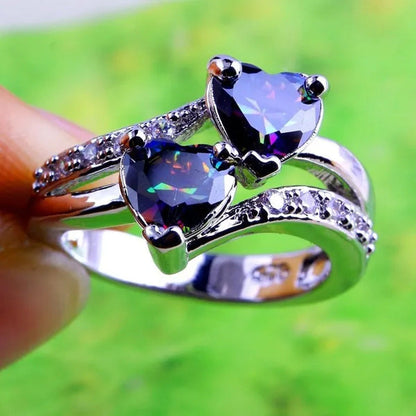 Exquisite 925 Sterling Silver Double Love Heart Rings Natural Sapphire Gemstones