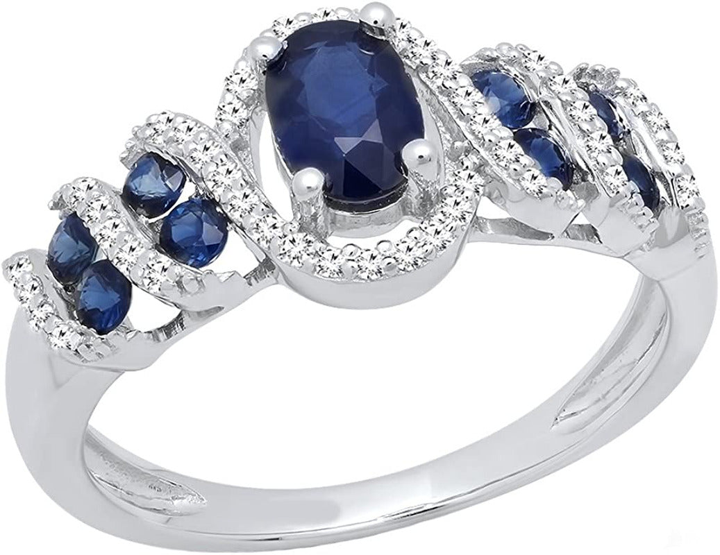 Collection 6X4 MM Oval & round Cut Blue Sapphire and round Diamond Ladies Engage