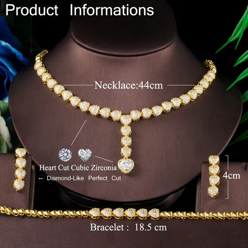 CANDICE Romantic Heart Charm Drop Necklace Earrings Bracelet Set with Cubic Zirc