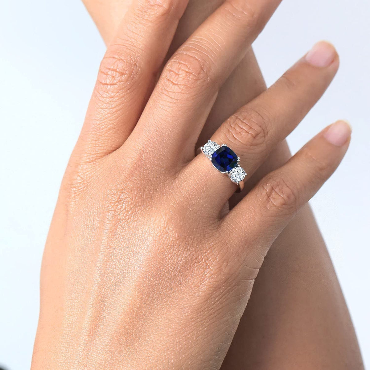 925 Sterling Silver Blue Simulated Sapphire Women Meghan Ring (4.00 Ct Cushion,