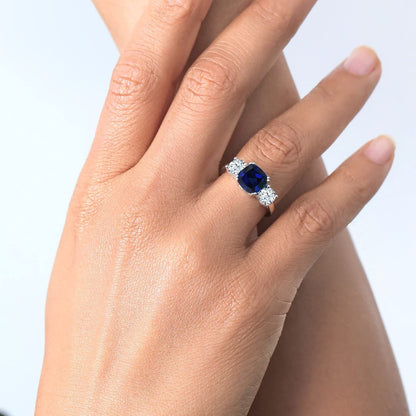 925 Sterling Silver Blue Simulated Sapphire Women Meghan Ring (4.00 Ct Cushion,