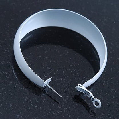 Wide Large White Enamel Hoop Earrings - 55Mm Diameter