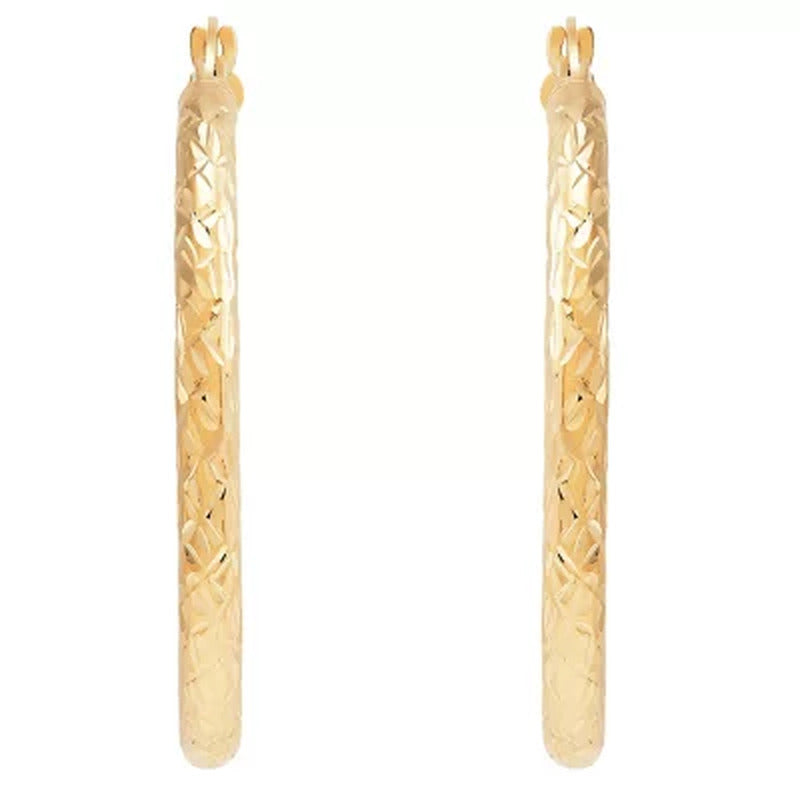 3X35Mm round Tube Hoop Crystal Cut Earrings in 14K Yellow Gold