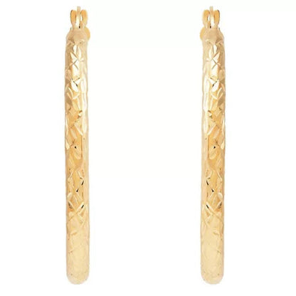3X35Mm round Tube Hoop Crystal Cut Earrings in 14K Yellow Gold