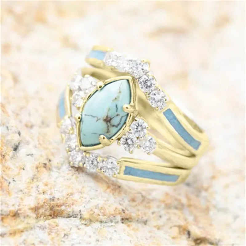 Newest 3Pcs/Set Women'S 18 K Gold Multilayer Hollow Turquoise Ring Band Exquisit