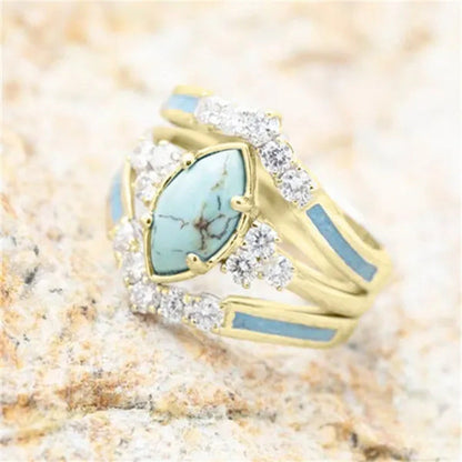 Newest 3Pcs/Set Women'S 18 K Gold Multilayer Hollow Turquoise Ring Band Exquisit