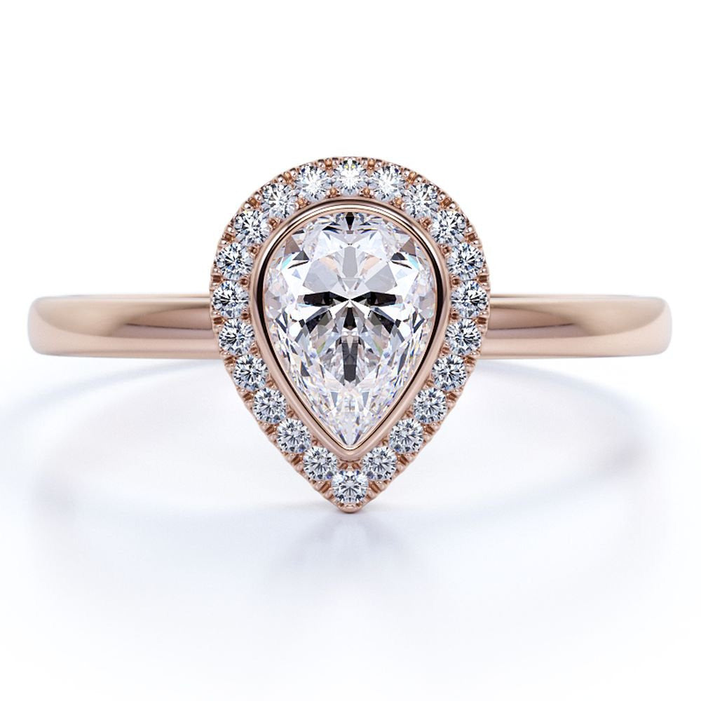 Bezel Set Halo Pear Shaped Diamond Solitaire Wedding Ring in 10K Rose Gold