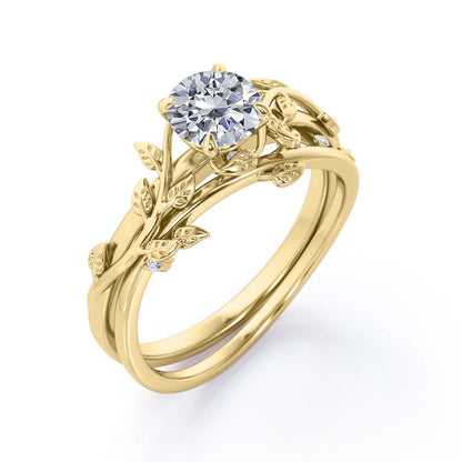 Half Carat round Real Diamond Bridal Set - Leaf and Vine Diamond Wedding Ring Se