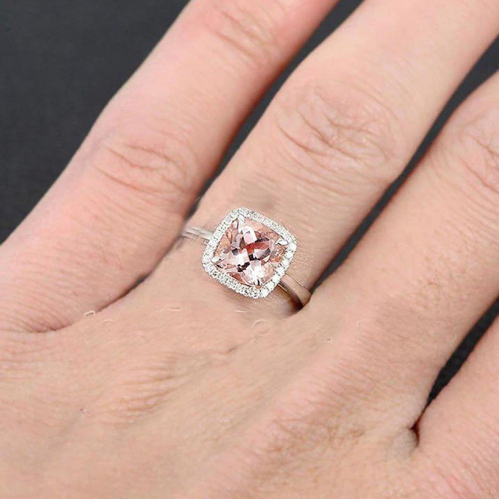 1.25 Carat Cushion Cut Peach Pink Morganite and Diamond Moissanite Halo Engageme
