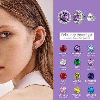 Birthstone Stud Earrings 925 Sterling Silver with Cubic Zirconia Crystal - Febru