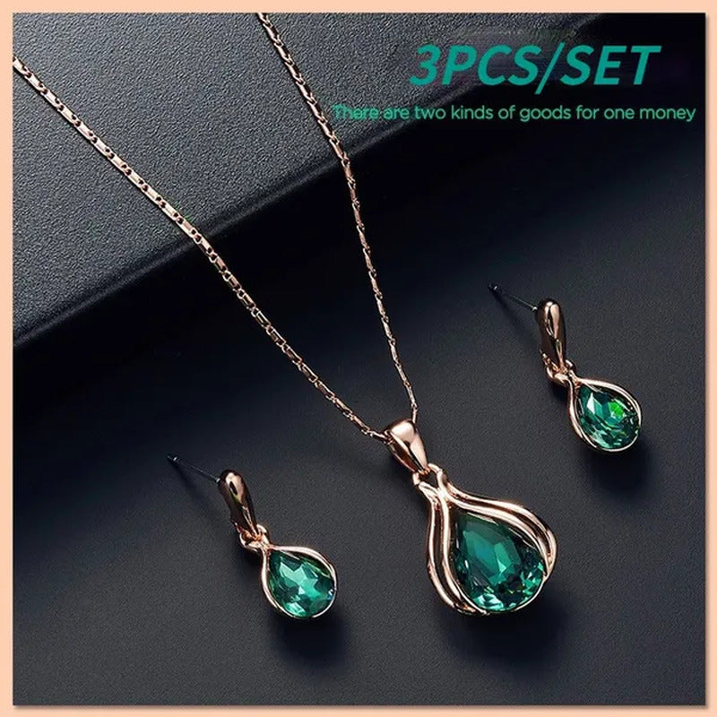 3PCS / Set New Luxury Design Luxury Wedding Pendant Earrings Rose Gold Green Blu