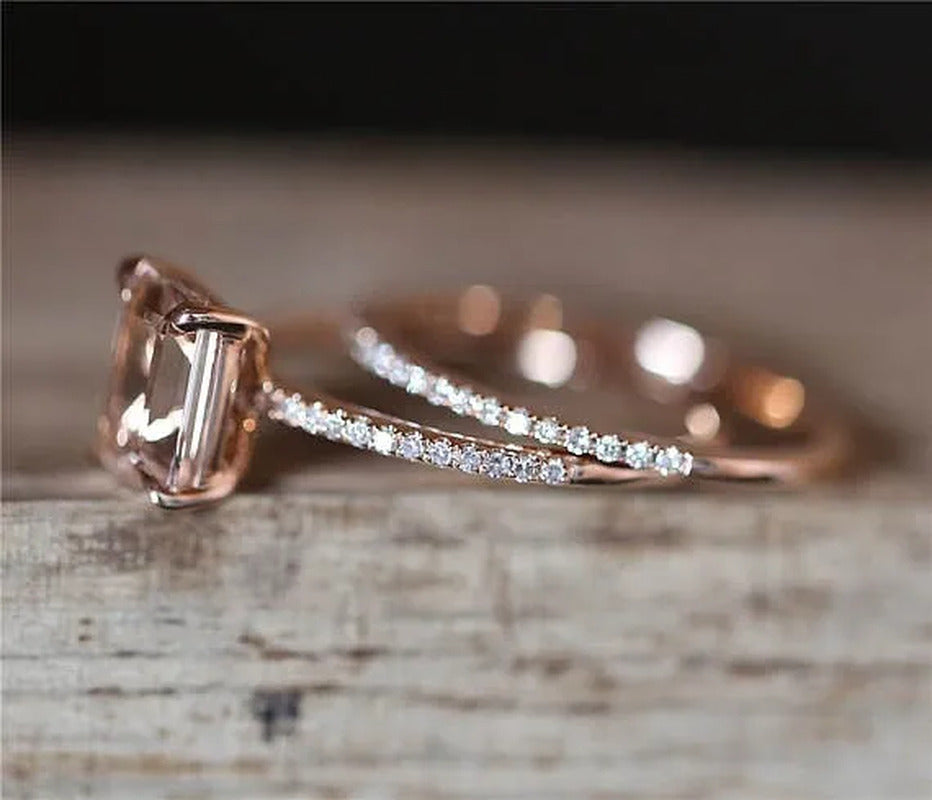 Worth to Buy Exquisite 18K Rose Gold Floral Rings Set Slim Princess Morganite Ne