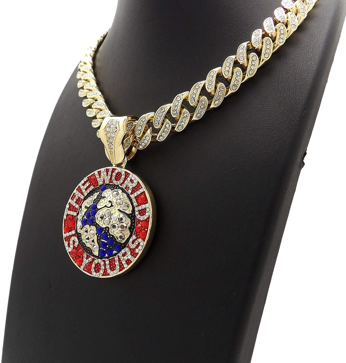 Hip Hop the World Is Yours Pendant & 12Mm 18" Full Iced Box Lock Cuban Chain Nec
