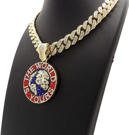 Hip Hop the World Is Yours Pendant & 12Mm 18" Full Iced Box Lock Cuban Chain Nec