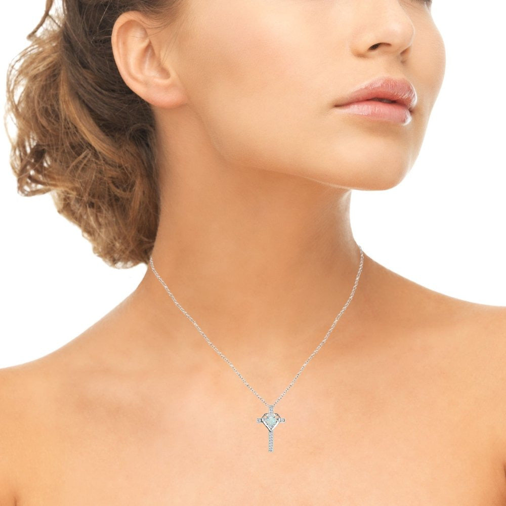 Sterling Silver Simulated White Opal and White Topaz Heart Cross Birthstone Pend