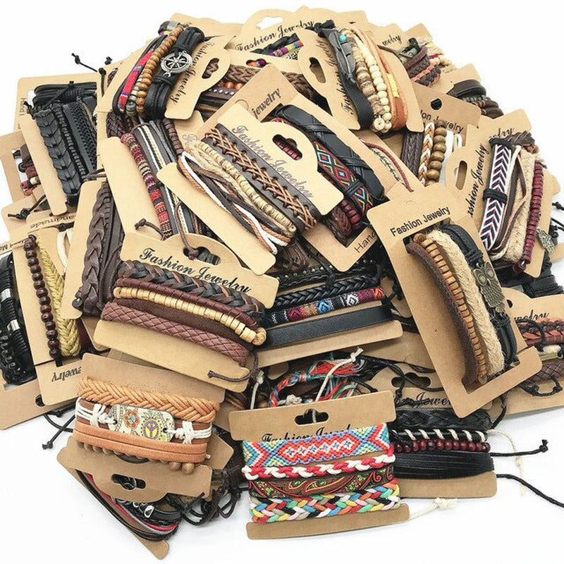 Wholesale 50Sets/Lot Wrap Leather Wood Beads Charm Adjustable Men'S Bracelets