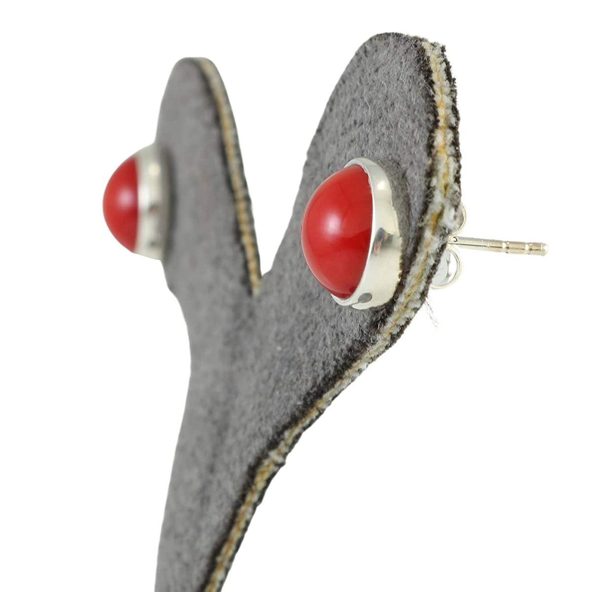 Sterling Silver 925 round Stone Handmade Stud Earrings for Women (Red Coral - 9.