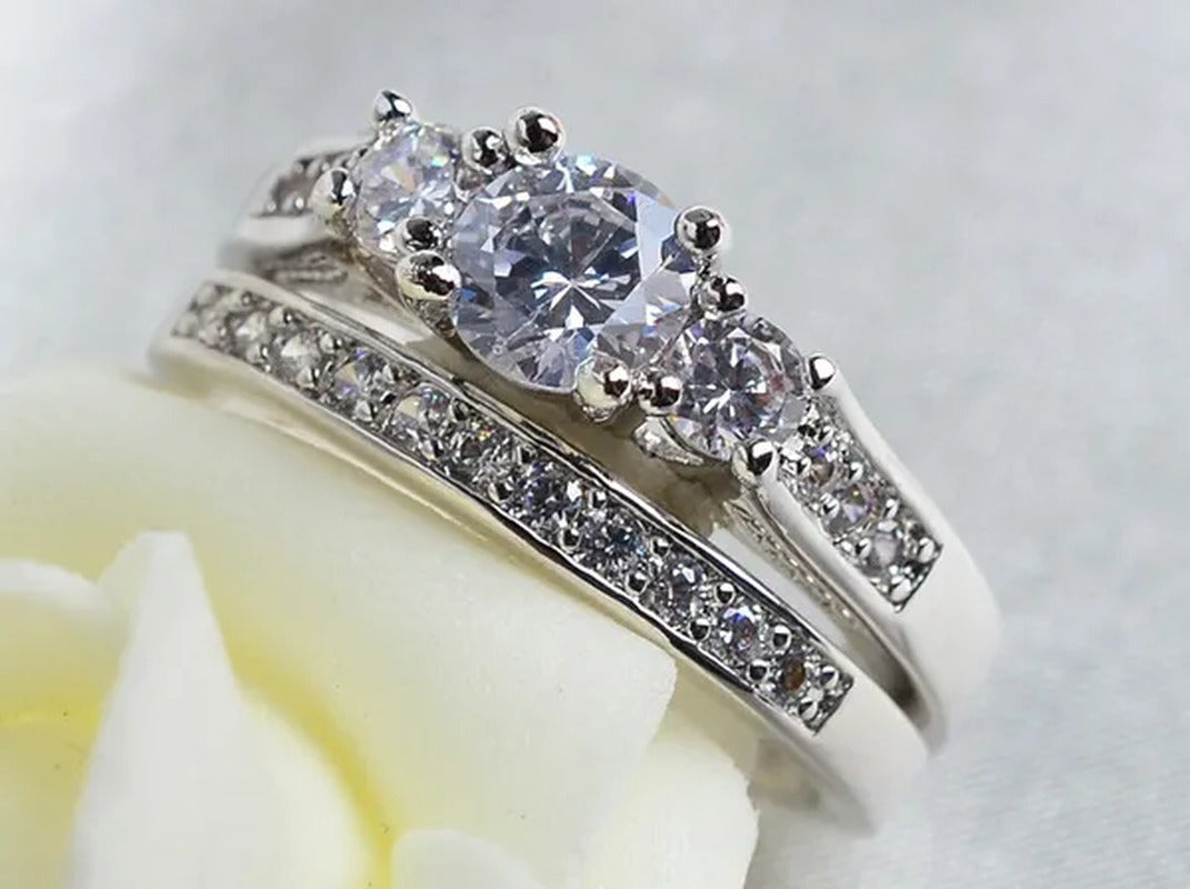 Sz6-9 10Kt Wedding&Engagement Ring Bridal Set White Gold Filled Three Stone CZ L