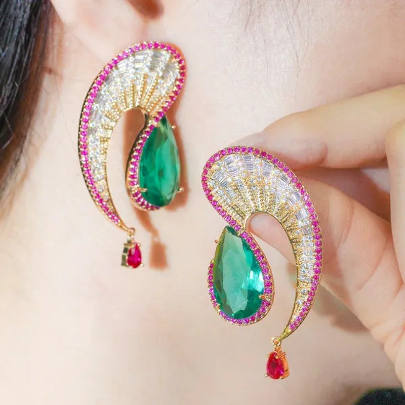 CANDICE Noble Micro Pave Tiny CZ Diamond Unique Leaf Shape Earrings with Emerald