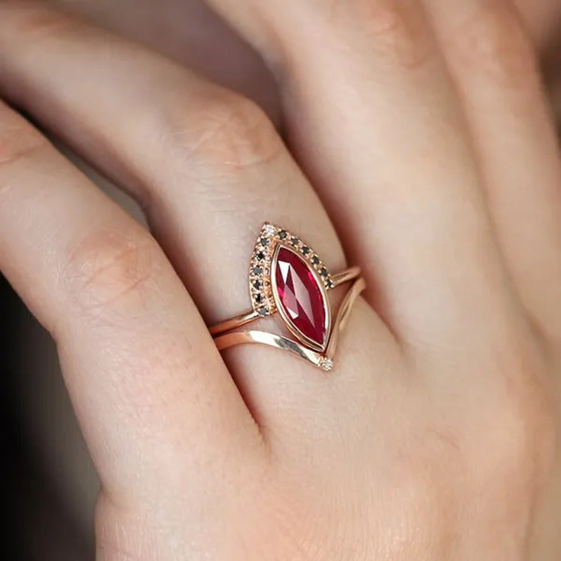 Unique Natural Rhombus 2 in 1 Ruby Engagement Rose Gold Ring Marquise Bridal Wed
