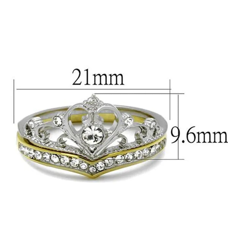 2 Tone Princess Royalty Crystal Crown Stainless Steel Wedding Ring Set Size 5-10