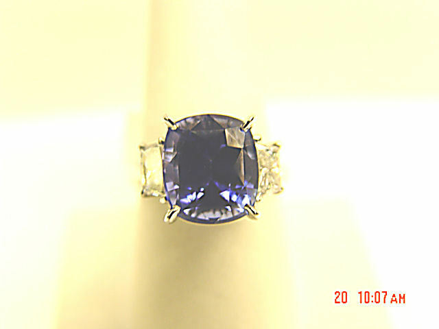 SAPPHIRE CUSHION 8.04 CT DIAMOND .75CT TRAPEZOID RING 18 K WHITE GOLD RESIZEABLE