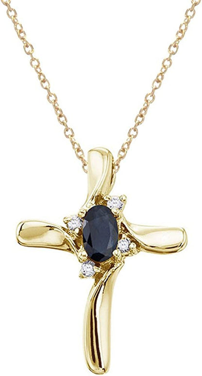 14K Yellow Gold Genuine Birthstone Gemstone and Diamond Cross Pendant (1/4 Cttw.