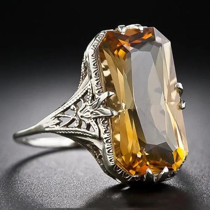 Vintage 925 Silver Ring Baguette Emerald Cut Lemon Yellow Citrine Retro Hollow C