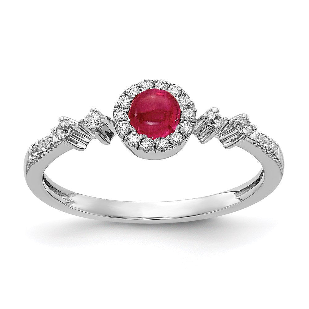 Real 14Kt White Gold Diamond and Cabochon Ruby Halo Ring Size: 7; for Adults and