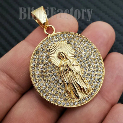Stainless Steel Iced Lab Diamond Mother Mary Medal Charm Pendant