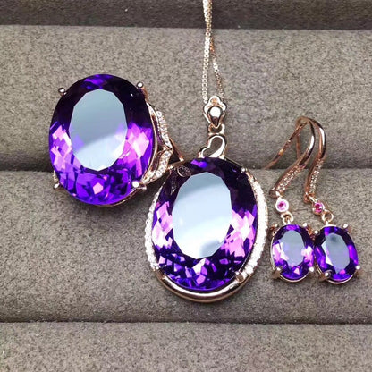 New Fashion Amethyst Set Ring Pendant Earrings Three-Piece Set